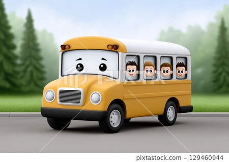 Illustration of a cheerful school bus with cartoon faces of kids looking out the windows 129460944
