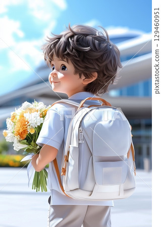 Illustration of a young child holding a bouquet of flowers and wearing a backpack 129460951