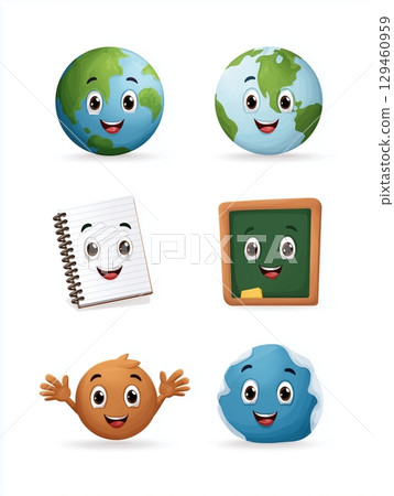 Set of cute cartoon characters featuring the earth, a notebook, a chalkboard, a smiling face 129460959
