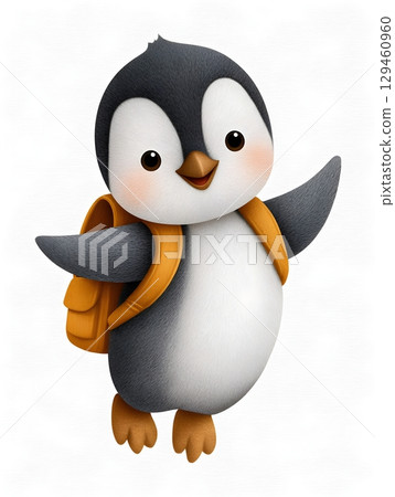 Adorable cartoon penguin with an orange backpack featuring a cheerful expression. 129460960
