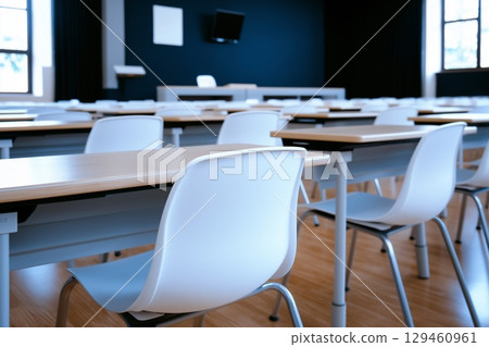Empty modern classroom with white chairs and wooden desks arranged neatly. 129460961