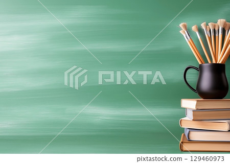 Photo of an art setup featuring paintbrushes in a black mug placed atop stacked books. 129460973