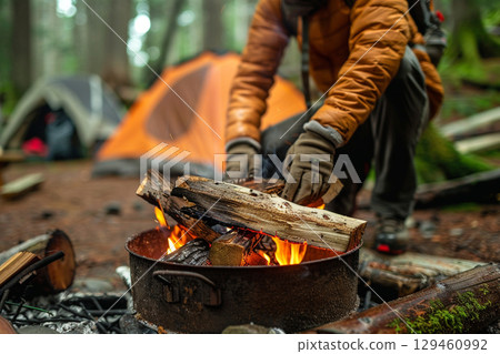 露營者在森林裡準備營火和帳篷 129460992