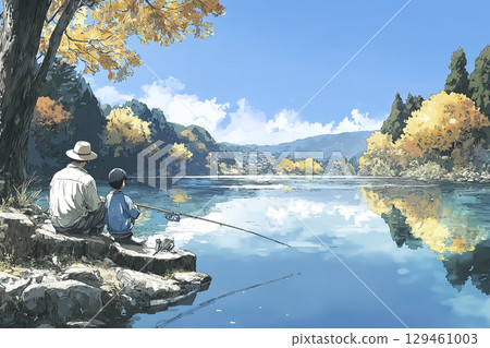 在秋高氣爽的日子裡,父母和孩子在湖邊的紅葉間釣魚的場景 在秋高氣爽的日子裡,父母和孩子在湖邊的紅葉間釣魚的場景 129461003