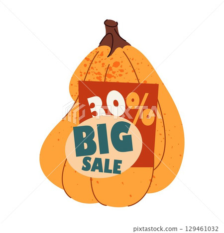 Halloween sale label or autumn promo sticker. Vector tag for price discount and special offer with percentage. Fall advertising and marketing badge. Seasonal event or holiday sign with pumpkin. Halloween sale label or autumn promo sticker. Vector tag for price discount and special offer with percentage. Fall advertising and marketing badge. Seasonal event or holiday sign with pumpkin. 129461032