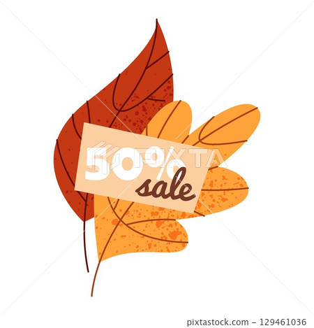 Price discount tag with fallen leaf. Vector autumn sale sticker or fall promo, seasonal advertising. Retail shop or store special offer label. Purchase and shopping, marketing promo and commerce sign. 129461036