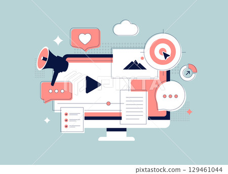 Content marketing campaign illustration with computer, target, megaphone and media icons. Content marketing campaign concept for SEO, social media, online advertising and brand promotion design Content marketing campaign illustration with computer, target, megaphone and media icons. Content marketing campaign concept for SEO, social media, online advertising and brand promotion design 129461044