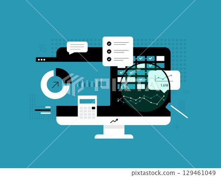 Financial data analytics dashboard with charts, graphs and magnifying glass. Financial data analytics illustration for business intelligence, KPI tracking and business performance reporting Financial data analytics dashboard with charts, graphs and magnifying glass. Financial data analytics illustration for business intelligence, KPI tracking and business performance reporting 129461049