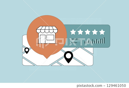Business reputation analytics with local map pin, rating stars and performance charts. Business reputation analytics concept for customer feedback, review monitoring and local SEO business management Business reputation analytics with local map pin, rating stars and performance charts. Business reputation analytics concept for customer feedback, review monitoring and local SEO business management 129461050