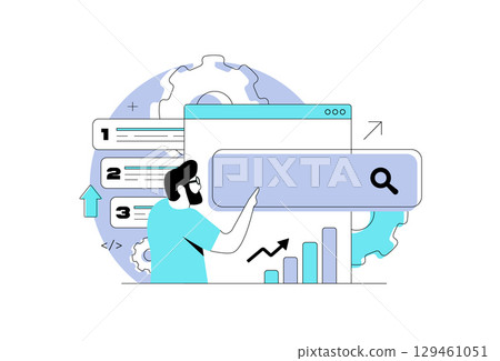 SEO ranking optimization concept with search bar, analytics charts and gear settings. SEO ranking optimization illustration for website traffic growth, keyword strategy and SERP improvement SEO ranking optimization concept with search bar, analytics charts and gear settings. SEO ranking optimization illustration for website traffic growth, keyword strategy and SERP improvement 129461051