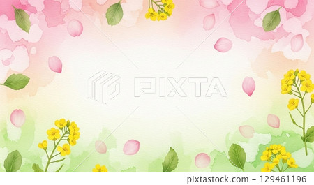 櫻花和油菜花的春天色彩漸變和水彩背景 129461196