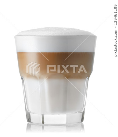 latte or cappuccino with milk foam in transparent glass isolated on white background 129461199