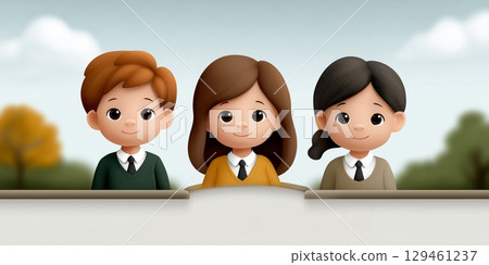 Three cartoon characters in school uniforms against a background of trees and sky. 129461237