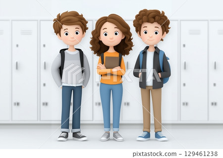 Three students standing in a school hallway, with lockers in the background. 129461238