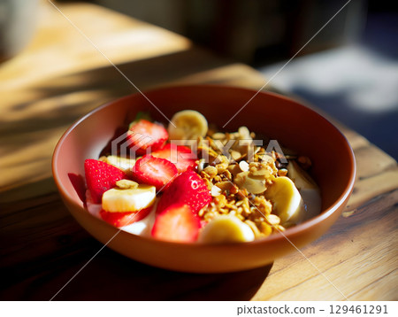 Healthy breakfast bowl with fresh strawberries, granola, and creamy yogurt on wooden table 129461291