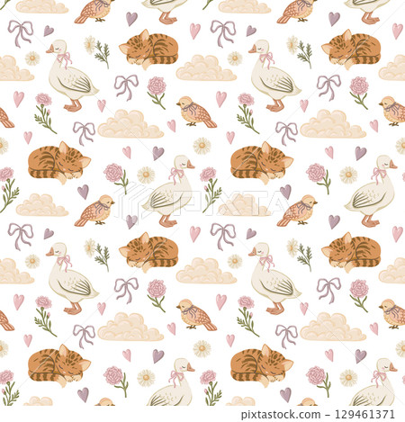 Cute sleeping cat goose and bird in pastel farm animal seamless pattern. Hand drawn coquette style with floral and ribbon bow. Great for textile and wallpaper. Perfect for bed linen and kids decor. 129461371