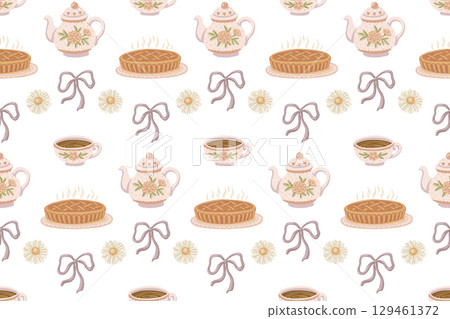 Pretty teapot and teacup with pie in pastel coquette seamless pattern. Hand drawn illustration with floral and ribbon. Great for kitchen textile and wallpaper. Perfect for bed linen and kids decor. 129461372