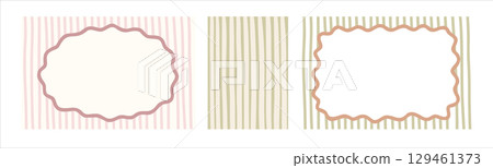 Striped background and frame set of hand drawn doodle vector illustration. Minimalist green and orange design element with wavy ribbon art. Great for card or aesthetic poster and invitation template. 129461373