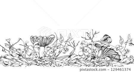 Russula webcap cortinarius mushroom, crawling snail on cap, cranberry blackberry on top of fallen autumn leaves pile, berries twigs. Fungi natural seamless banner header hand drawn in vector ink. Russula webcap cortinarius mushroom, crawling snail on cap, cranberry blackberry on top of fallen autumn leaves pile, berries twigs. Fungi natural seamless banner header hand drawn in vector ink. 129461374
