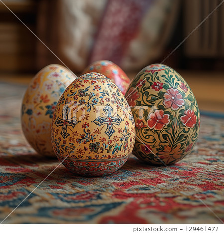 Decorative Easter eggs with floral patterns on vintage carpet, traditional art concept Decorative Easter eggs with floral patterns on vintage carpet, traditional art concept 129461472
