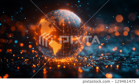 Digital globe glowing with network connections, representing global technological connectivity 129461475