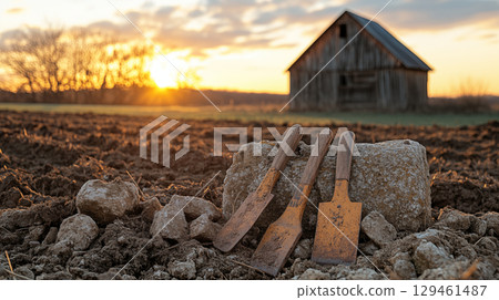 Farm tools resting on stone with rustic barn sunset, agricultural heritage 129461487