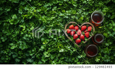 Fresh strawberries in heart basket with tea, romantic garden setting 129461493