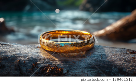 Golden ring resting on beach rock highlighting textured metallic surface 129461512