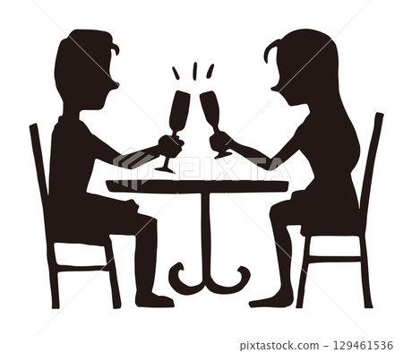 Silhouette illustration of a couple toasting Silhouette illustration of a couple toasting 129461536