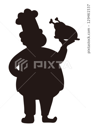 一位廚師一手拿著一道肉菜的剪影插圖 129461537