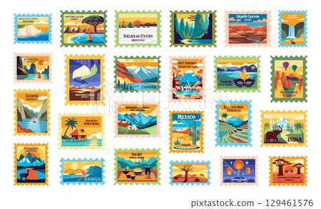 Set of vintage-style postage stamps featuring famous natural landmarks and cultural events from around the world, flat design illustrations 129461576