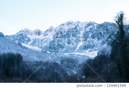 Snow-covered mountain range with rugged peaks and dense forest below, showcasing the beauty of winter landscapes and the tranquility of nature's untouched wilderness, natural background 129461599
