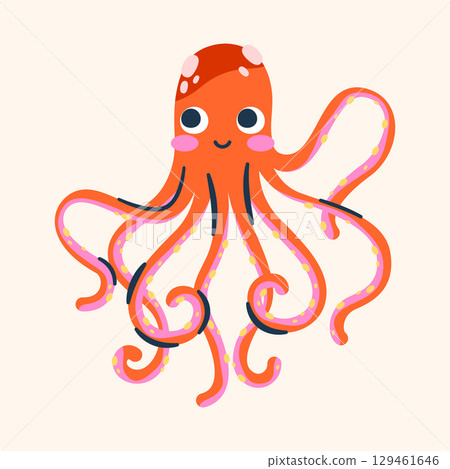 Vector cartoon smiling octopus. Underwater animal icon or sea habitat, ocean wildlife and underwater biodiversity, aquarium creature. Swimming nature and aquatic fauna. Nautical mollusk with face. 129461646