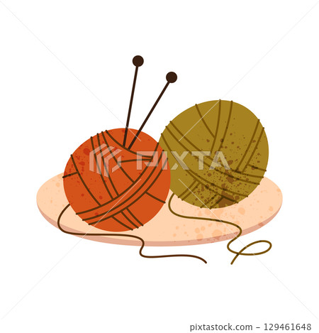 Yarn ball and knitting thread. Vector textile supplies icon. Sewing roll and crocheting, handmade fabric crafting and stitching symbol. Domestic tailoring and weave embroidery. Needlework string. 129461648