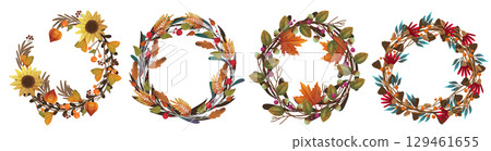 Set of autumn leaves wreath or fall ornament. Vector handmade flora circle or plant decoration for thanksgiving festive or harvest holiday. Seasonal foliage botanical background with berries. Biology. 129461655