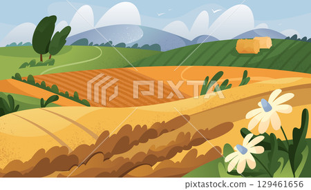 Autumn field or fall landscape. Vector countryside scenery with crops and hay. Farm land or meadow horizon. Rural environment outdoor. Soil harvesting and farming poster. Nature and farmland clipart. Autumn field or fall landscape. Vector countryside scenery with crops and hay. Farm land or meadow horizon. Rural environment outdoor. Soil harvesting and farming poster. Nature and farmland clipart. 129461656