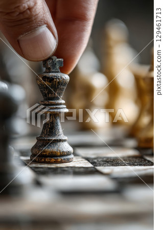Hand moving wooden chess king piece on board 129461713