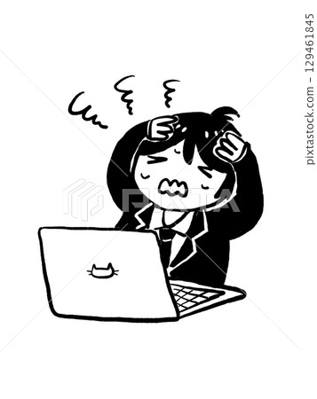 Illustration of a man holding his head in front of a computer 129461845