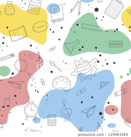 Seamless pattern with colorful spots and school supplies 129461869