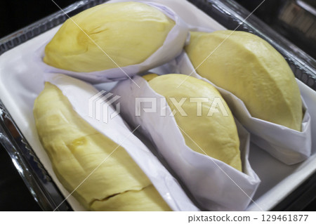 Fresh open durian fruit fresh tropical exotic Fresh open durian fruit fresh tropical exotic 129461877