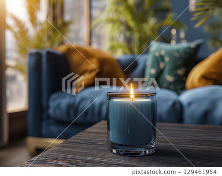 Lit candle in teal glass jar sits on dark wood table, casting warm glow in cozy living room, promoting relaxation and comfort 129461954