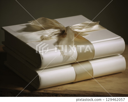 Chic stack of two books wrapped in cream paper and tied with a delicate gold sheer ribbon, creating a refined literary gift perfect for special occasions or celebrations. 129462057