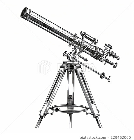 Vintage Telescope on Tripod for Astronomy Enthusiasts and Space Exploration, Isolated 129462060