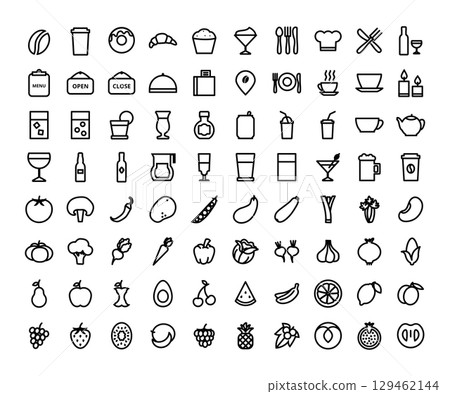 Large set of food and drink minimal icons representing various culinary elements 129462144
