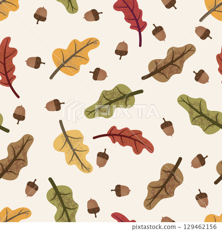 Colorful autumn oak leaves and acorns seamless pattern on off white background Colorful autumn oak leaves and acorns seamless pattern on off white background 129462156