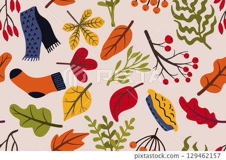 Seamless autumn pattern with leaves, berries, warm sock and scarf, pie slice 129462157