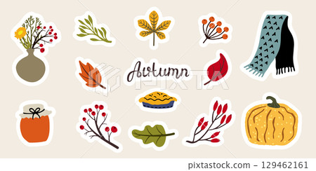 Autumn sticker set with pumpkin, pie, scarf, leaves, berries and flowers 129462161