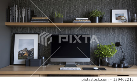 Neatly arranged desktop with modern computer and stylish decor creates sophisticated and inviting workspace, fostering focus and tranquility Neatly arranged desktop with modern computer and stylish decor creates sophisticated and inviting workspace, fostering focus and tranquility 129462213