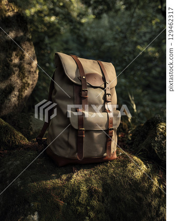 Rustic canvas backpack with leather straps placed on moss covered rock deep inside forest hinting at peaceful solitude and escape into wilderness perfect for nature exploration 129462317
