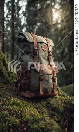 Rustic backpack made of canvas and leather sits on vibrant green mossy log in deep forest, soft light highlights textures, suggesting preparedness for wilderness travel and exploration 129462320